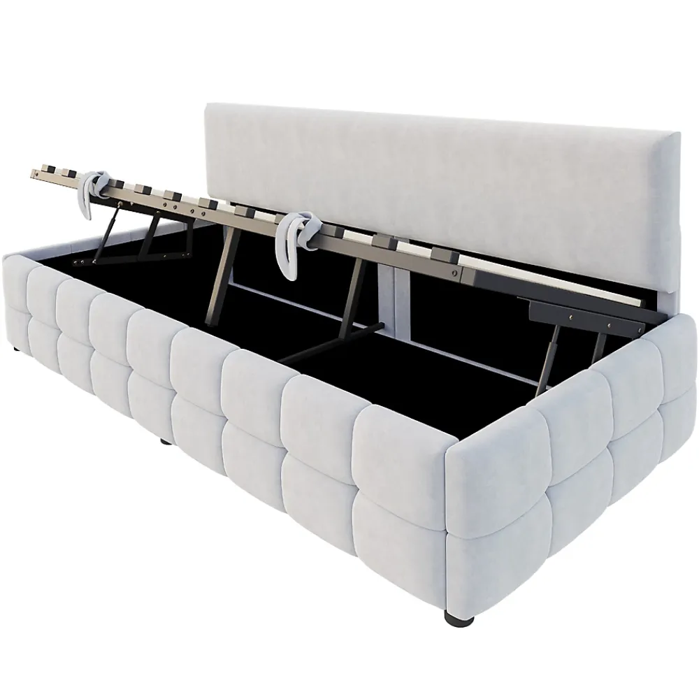Redom Lit 90x200 cm avec rangement hydraulique, tapissé velours gris clair, sans accoudoirs, design moderne* Lit Avec Rangement