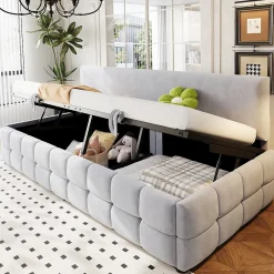Redom Lit 90x200 cm avec rangement hydraulique, tapissé velours gris clair, sans accoudoirs, design moderne* Lit Avec Rangement