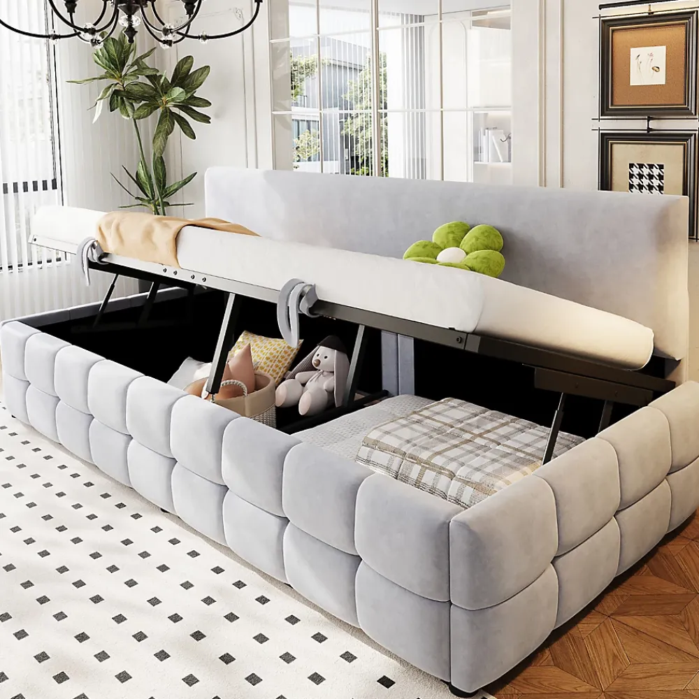 Redom Lit 90x200 cm avec rangement hydraulique, tapissé velours gris clair, sans accoudoirs, design moderne* Lit Avec Rangement