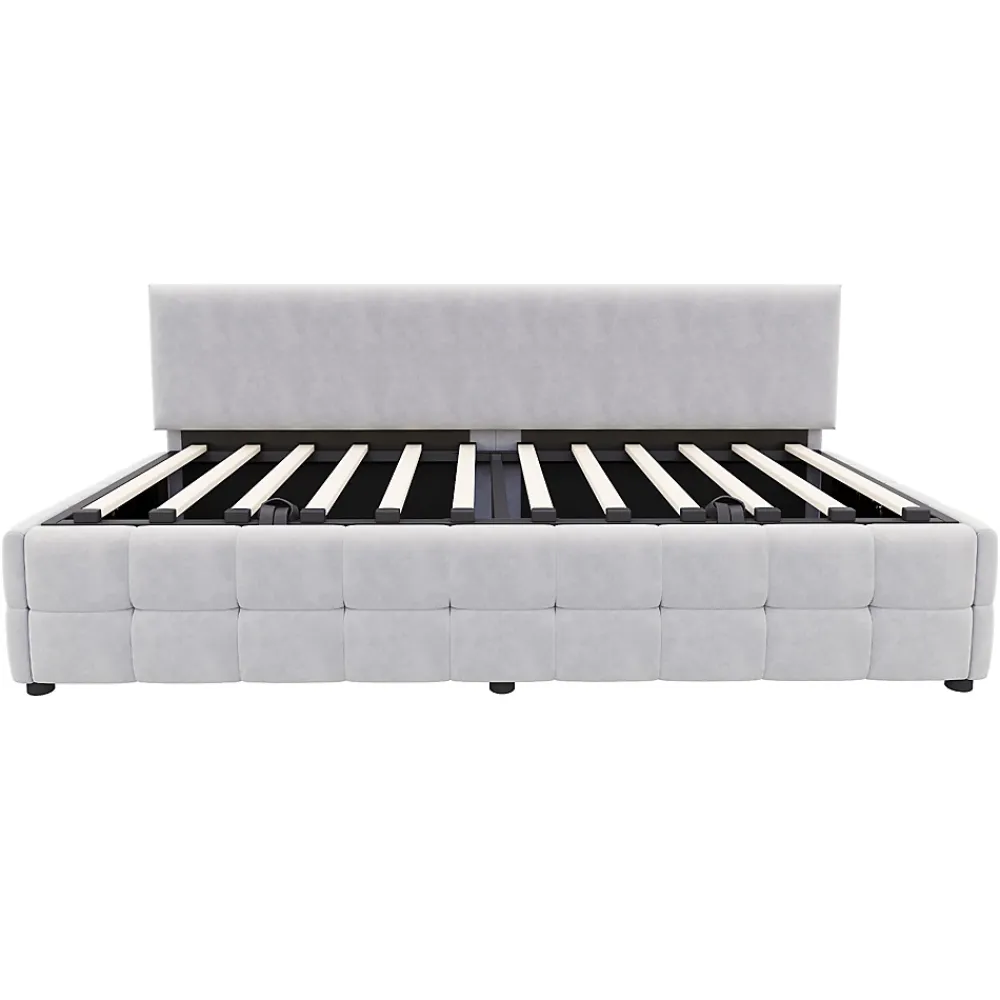 Redom Lit 90x200 cm avec rangement hydraulique, tapissé velours gris clair, sans accoudoirs, design moderne* Lit Avec Rangement