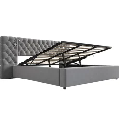 Redom Lit 180x200 cm avec rangement hydraulique, tête de lit capitonnée en velours gris et liseuse intégrée* Lit Avec Rangement