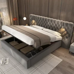 Redom Lit 180x200 cm avec rangement hydraulique, tête de lit capitonnée en velours gris et liseuse intégrée* Lit Avec Rangement