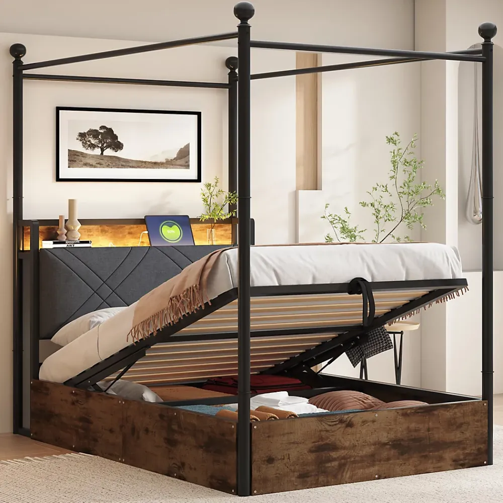 Redom Lit 90x190 cm avec rangement hydraulique, cadre métal noir, éclairage LED intégré et ports USB/Type-C* Lit Avec Rangement