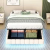 Lit 140x200 cm avec rangement hydraulique et bande LED multicolore, tapissé lin beige, effet flottant design>Redom Discount
