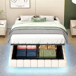 Lit 140x200 cm avec rangement hydraulique et bande LED multicolore, tapissé lin beige, effet flottant design>Redom Discount