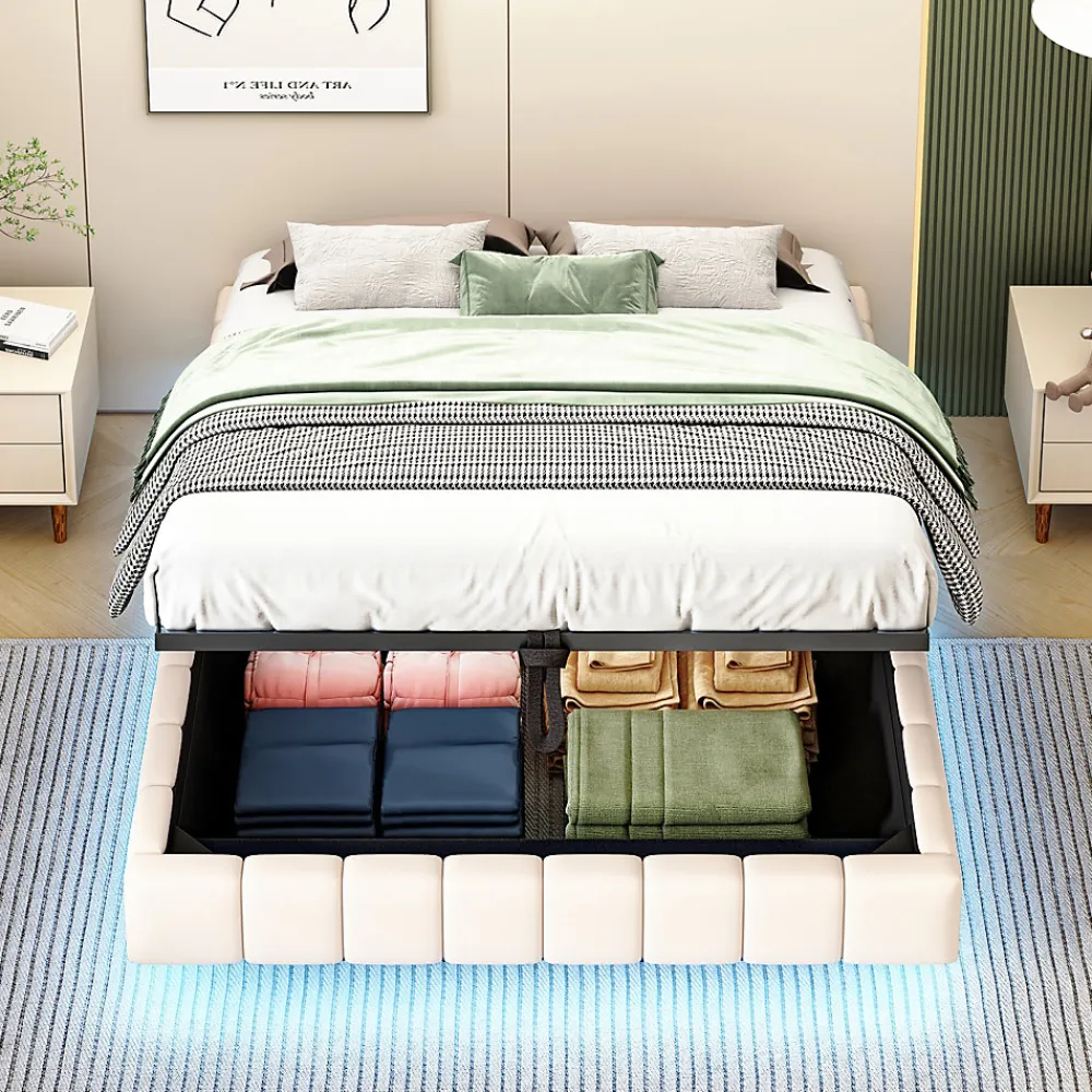 Lit 140x200 cm avec rangement hydraulique et bande LED multicolore, tapissé lin beige, effet flottant design>Redom Discount