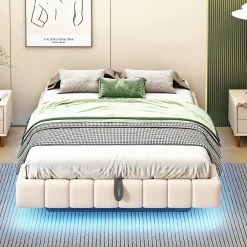 Lit 140x200 cm avec rangement hydraulique et bande LED multicolore, tapissé lin beige, effet flottant design>Redom Discount