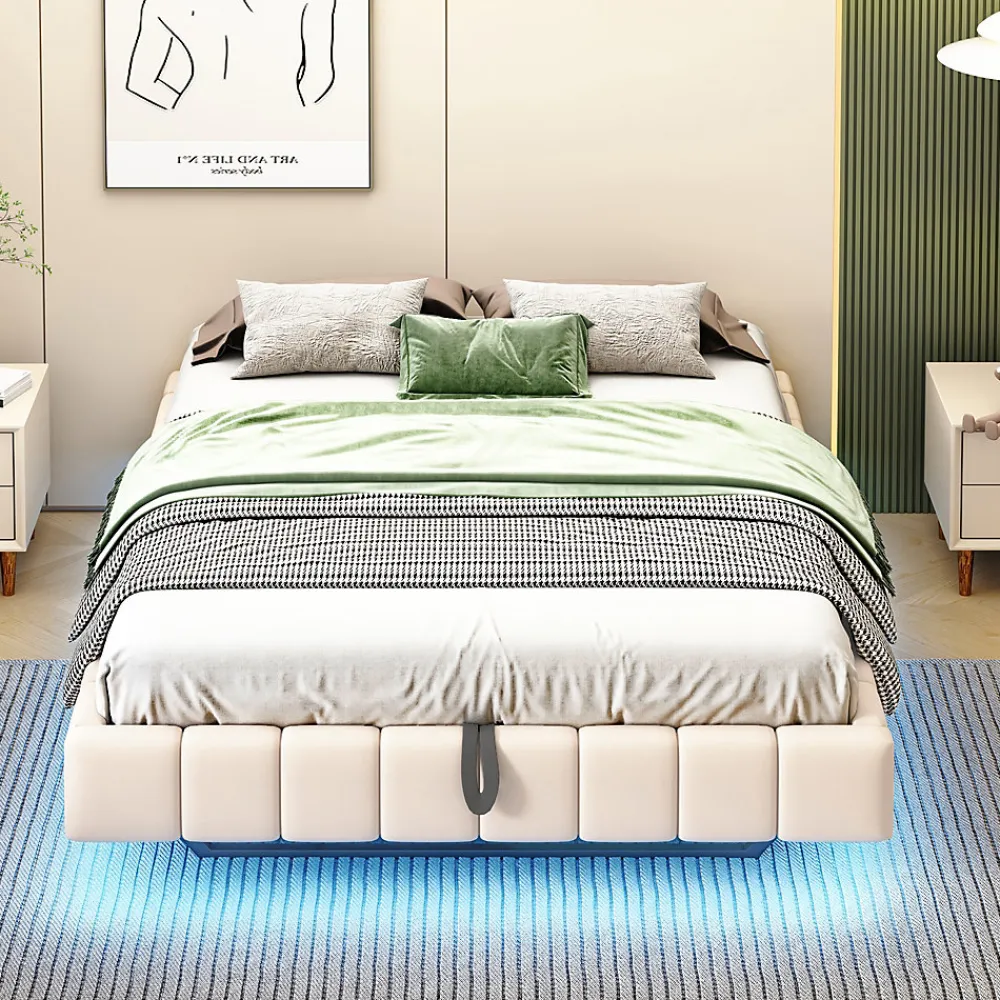 Lit 140x200 cm avec rangement hydraulique et bande LED multicolore, tapissé lin beige, effet flottant design>Redom Discount