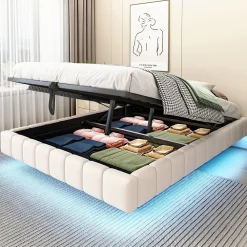 Lit 140x200 cm avec rangement hydraulique et bande LED multicolore, tapissé lin beige, effet flottant design><noscript><img width=