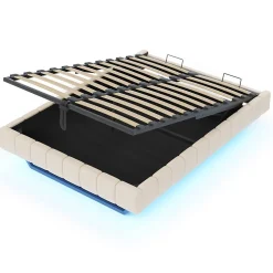 Lit 140x200 cm avec rangement hydraulique et bande LED multicolore, tapissé lin beige, effet flottant design><noscript><img width=