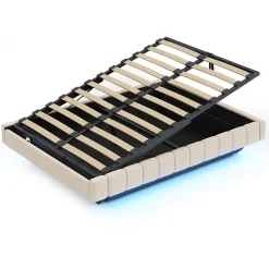Lit 140x200 cm avec rangement hydraulique et bande LED multicolore, tapissé lin beige, effet flottant design><noscript><img width=
