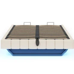 Lit 140x200 cm avec rangement hydraulique et bande LED multicolore, tapissé lin beige, effet flottant design><noscript><img width=