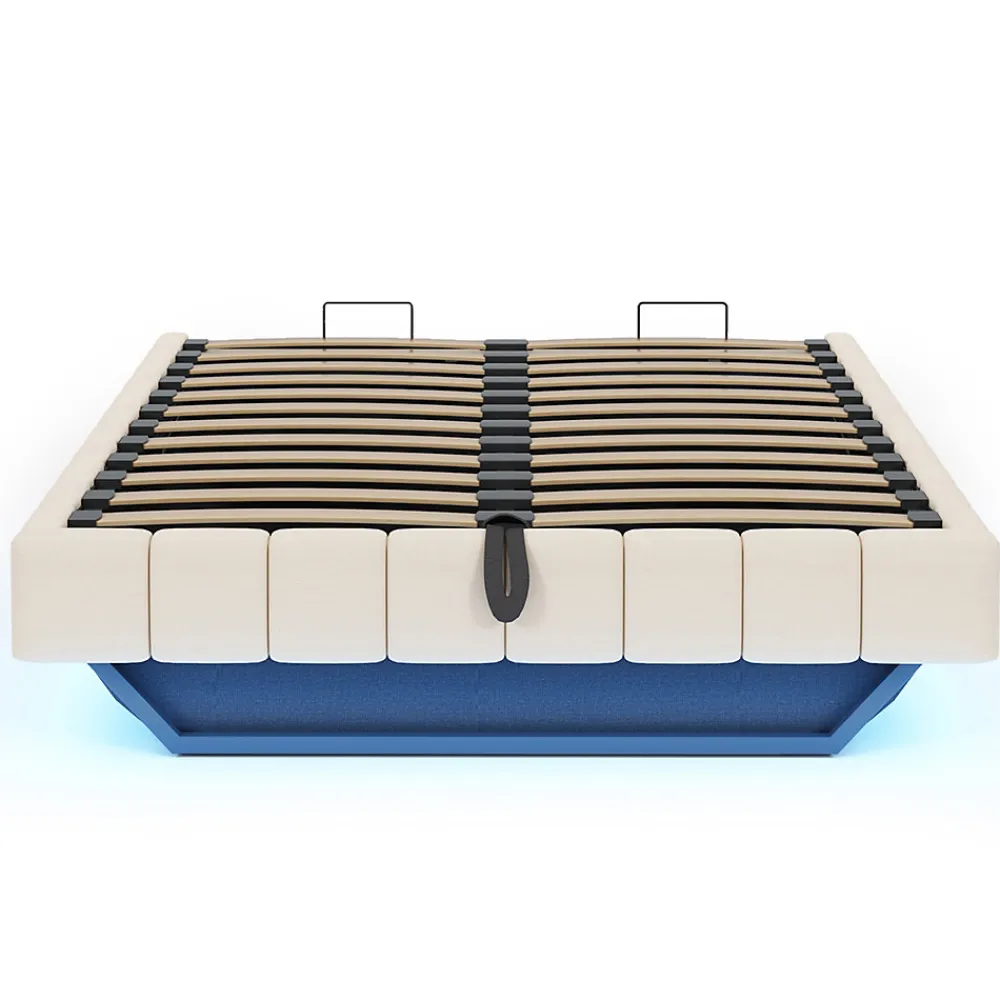 Lit 140x200 cm avec rangement hydraulique et bande LED multicolore, tapissé lin beige, effet flottant design>Redom Discount