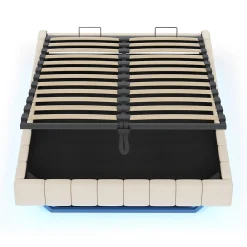 Lit 140x200 cm avec rangement hydraulique et bande LED multicolore, tapissé lin beige, effet flottant design><noscript><img width=
