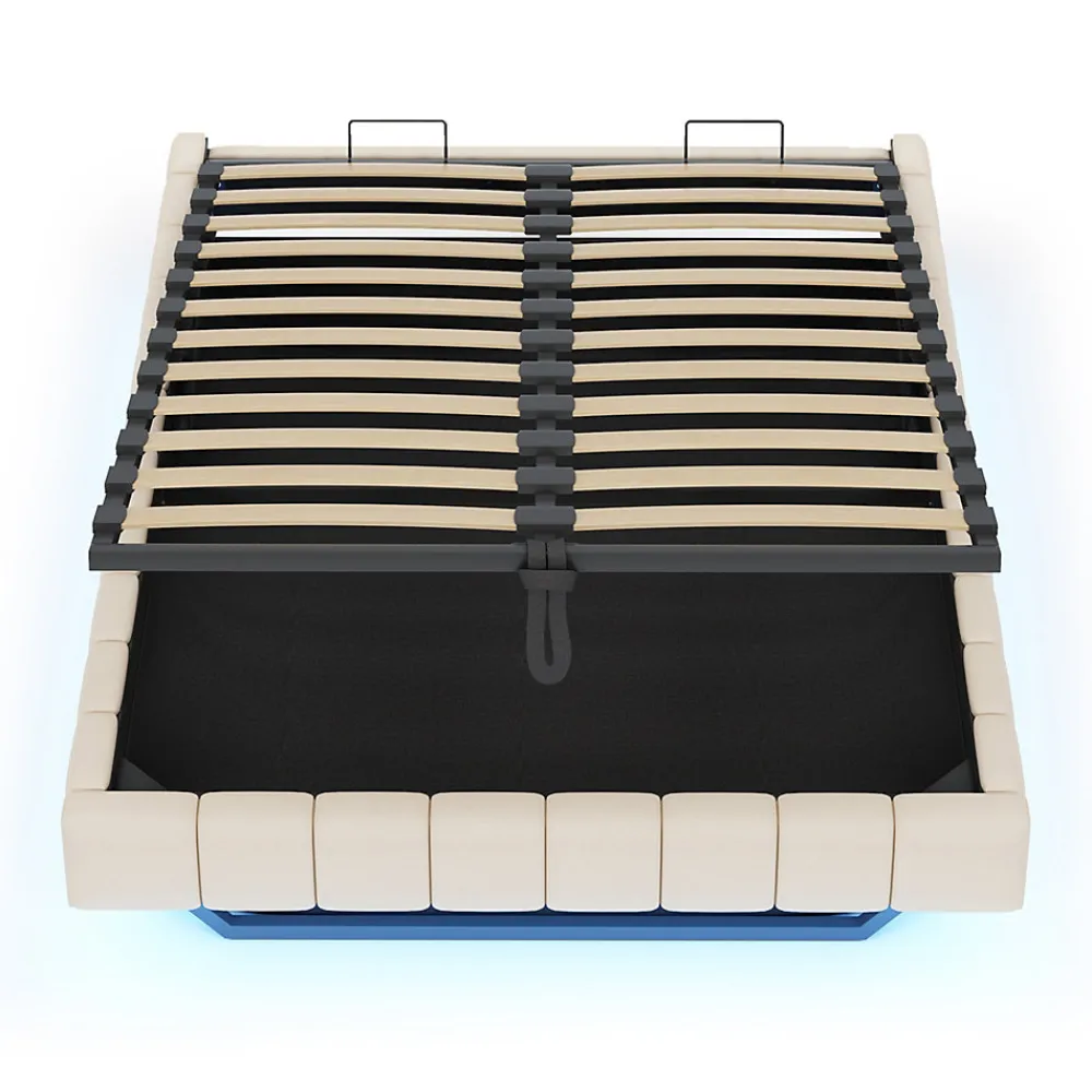 Lit 140x200 cm avec rangement hydraulique et bande LED multicolore, tapissé lin beige, effet flottant design>Redom Discount