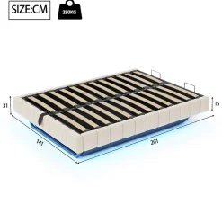 Lit 140x200 cm avec rangement hydraulique et bande LED multicolore, tapissé lin beige, effet flottant design><noscript><img width=