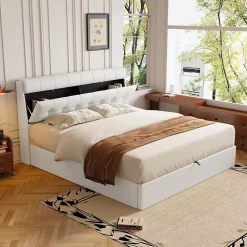 Redom Lit 160x200 cm avec rangement hydraulique et tête de lit coffre tapissée en PU blanc, design moderne* Lit Avec Rangement