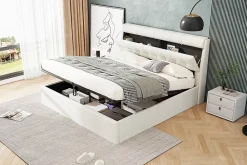 Redom Lit 160x200 cm avec rangement hydraulique et tête de lit coffre tapissée en PU blanc, design moderne* Lit Avec Rangement