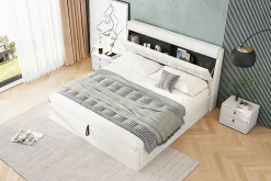 Redom Lit 160x200 cm avec rangement hydraulique et tête de lit coffre tapissée en PU blanc, design moderne* Lit Avec Rangement