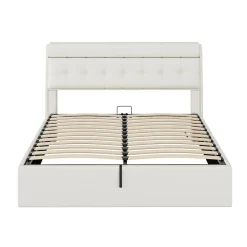 Redom Lit 160x200 cm avec rangement hydraulique et tête de lit coffre tapissée en PU blanc, design moderne* Lit Avec Rangement