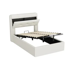 Redom Lit 90x200 cm avec rangement hydraulique et tête de lit capitonnée en PU blanc, cadre moderne et pratique* Lit Avec Rangement