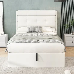Redom Lit 90x200 cm avec rangement hydraulique et tête de lit capitonnée en PU blanc, cadre moderne et pratique* Lit Avec Rangement