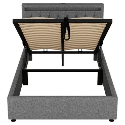 Redom Lit 140x200 cm avec rangement hydraulique, tête rembourrée en lin gris, éclairage LED et ports USB/USB-C* Lit Avec Rangement