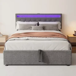 Redom Lit 140x200 cm avec rangement hydraulique, tête rembourrée en lin gris, éclairage LED et ports USB/USB-C* Lit Avec Rangement