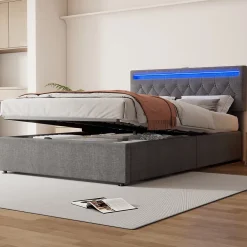 Redom Lit 140x200 cm avec rangement hydraulique, tête rembourrée en lin gris, éclairage LED et ports USB/USB-C* Lit Avec Rangement