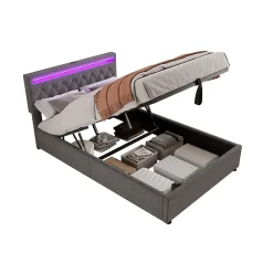 Redom Lit 140x200 cm avec rangement hydraulique, tête rembourrée en lin gris, éclairage LED et ports USB/USB-C* Lit Avec Rangement