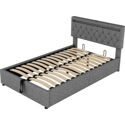 Redom Lit 140x200 cm avec rangement hydraulique, tête rembourrée en lin gris, éclairage LED et ports USB/USB-C* Lit Avec Rangement