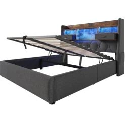Redom Lit 140x200 cm avec rangement hydraulique, tête de lit LED multicolore, ports de charge et tissu lin gris* Lit Avec Rangement