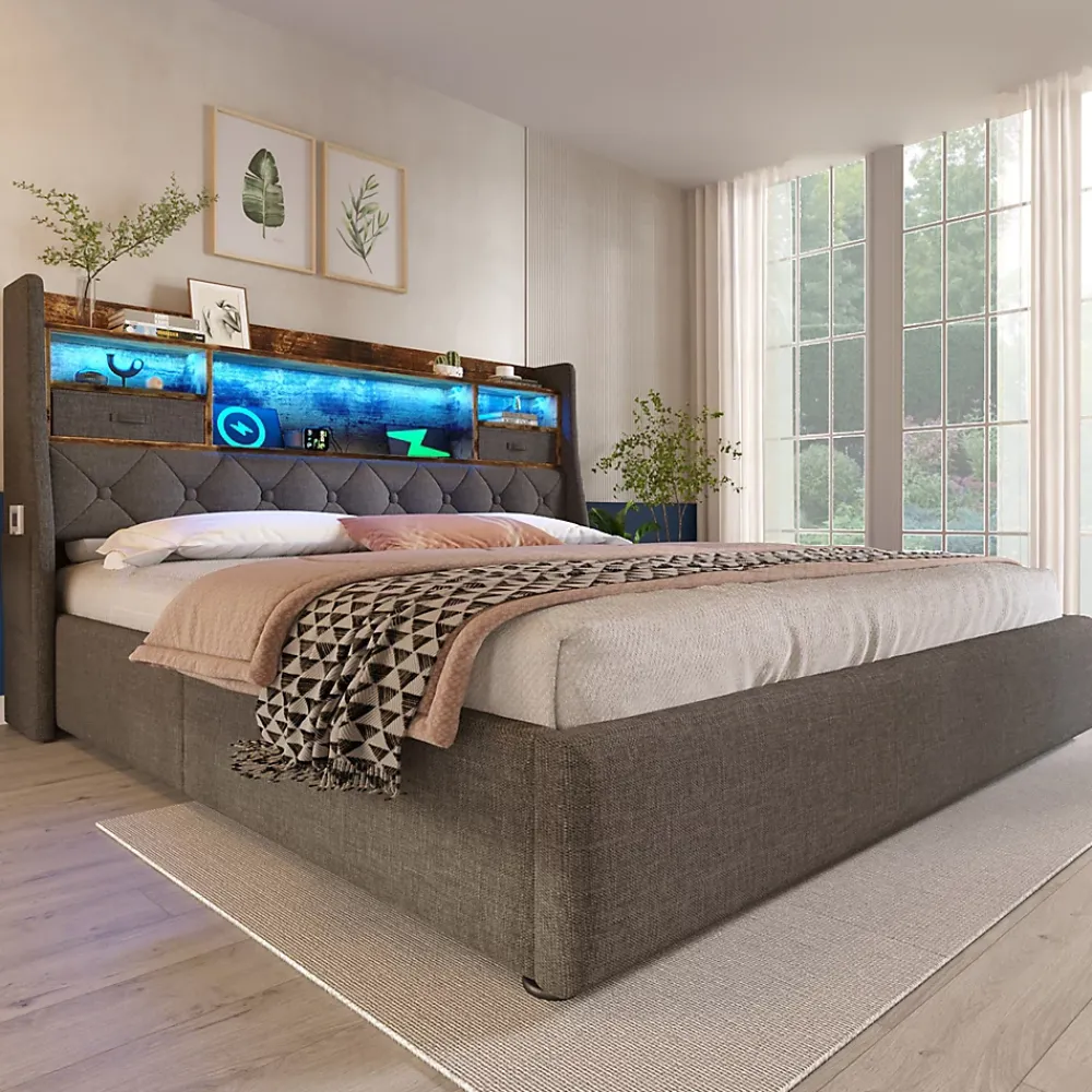 Redom Lit 140x200 cm avec rangement hydraulique, tête de lit LED multicolore, ports de charge et tissu lin gris* Lit Avec Rangement