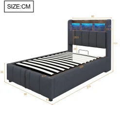 Redom Lit 90x200 cm avec rangement hydraulique et éclairage led, tapissé lin gris, cadre métal robuste* Lit Avec Rangement