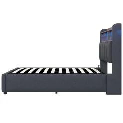 Redom Lit 90x200 cm avec rangement hydraulique et éclairage led, tapissé lin gris, cadre métal robuste* Lit Avec Rangement