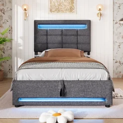 Redom Lit 90x200 cm avec rangement hydraulique et éclairage LED 16 couleurs, tapissé lin gris, tête de lit carrée* Lit Avec Rangement