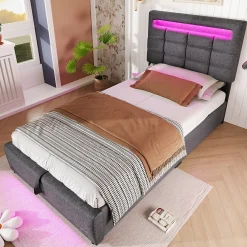 Redom Lit 90x200 cm avec rangement hydraulique et éclairage LED 16 couleurs, tapissé lin gris, tête de lit carrée* Lit Avec Rangement