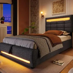 Redom Lit 90x200 cm avec rangement hydraulique et éclairage LED 16 couleurs, tapissé lin gris, tête de lit carrée* Lit Avec Rangement