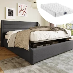 Lit 160x200 cm avec rangement hydraulique et tête de lit rembourrée en lin gris, cadre solide, style moderne>Redom Outlet