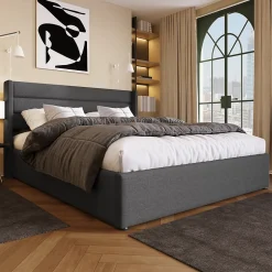 Lit 160x200 cm avec rangement hydraulique et tête de lit rembourrée en lin gris, cadre solide, style moderne><noscript><img width=