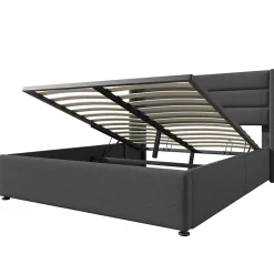 Lit 160x200 cm avec rangement hydraulique et tête de lit rembourrée en lin gris, cadre solide, style moderne><noscript><img width=