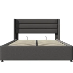 Lit 160x200 cm avec rangement hydraulique et tête de lit rembourrée en lin gris, cadre solide, style moderne><noscript><img width=