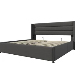 Lit 160x200 cm avec rangement hydraulique et tête de lit rembourrée en lin gris, cadre solide, style moderne><noscript><img width=