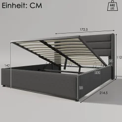Lit 160x200 cm avec rangement hydraulique et tête de lit rembourrée en lin gris, cadre solide, style moderne><noscript><img width=