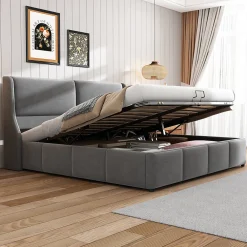 Lit 160x200 cm avec rangement hydraulique et tête de lit capitonnée en velours gris, design classique-moderne>Redom Outlet