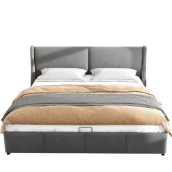 Lit 160x200 cm avec rangement hydraulique et tête de lit capitonnée en velours gris, design classique-moderne><noscript><img width=