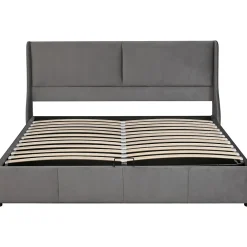 Lit 160x200 cm avec rangement hydraulique et tête de lit capitonnée en velours gris, design classique-moderne><noscript><img width=