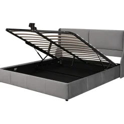 Lit 160x200 cm avec rangement hydraulique et tête de lit capitonnée en velours gris, design classique-moderne><noscript><img width=