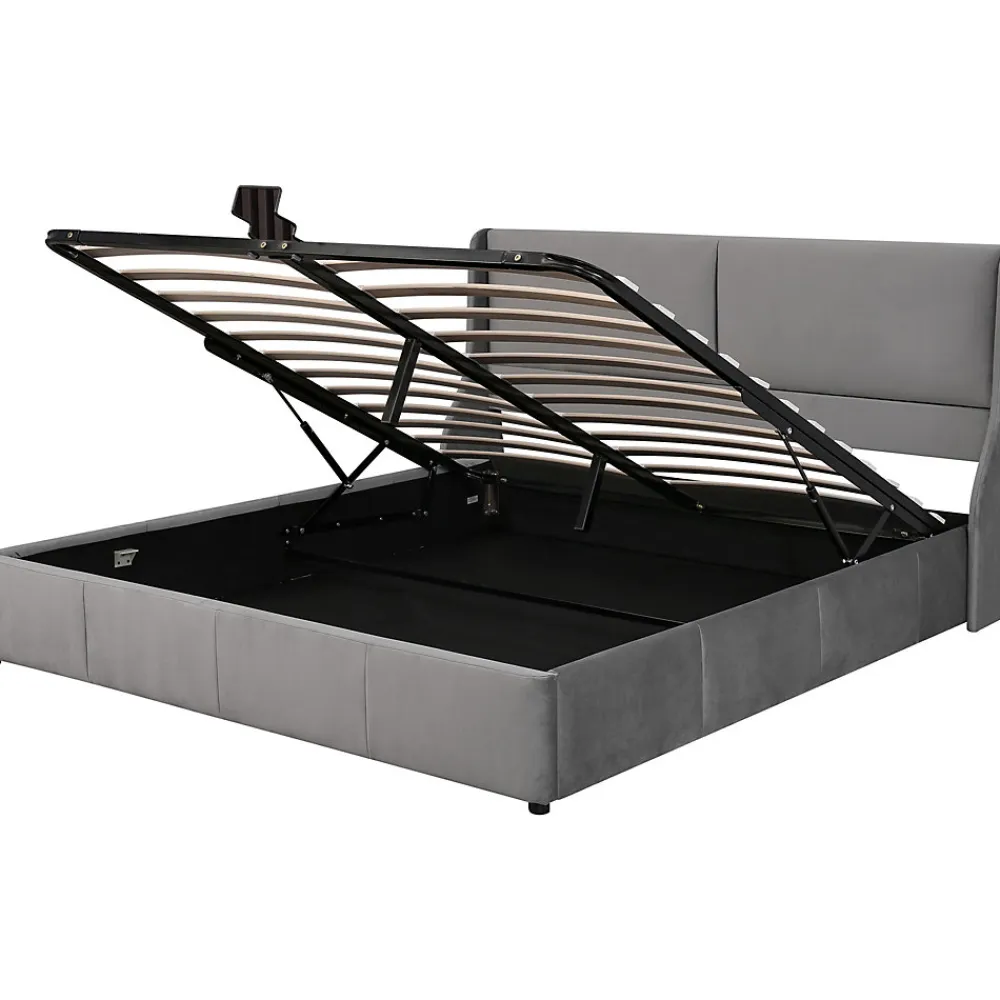 Lit 160x200 cm avec rangement hydraulique et tête de lit capitonnée en velours gris, design classique-moderne>Redom Outlet