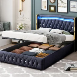 Lit 140x200 cm avec rangement hydraulique, tête capitonnée en velours noir, éclairage LED et pieds larges><noscript><img width=